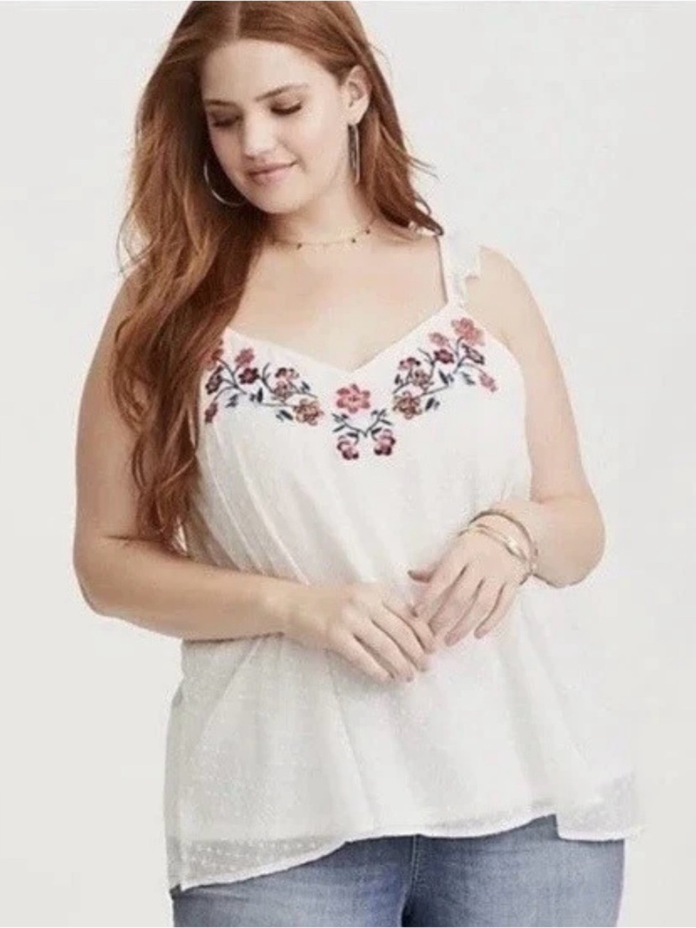Torrid Swiss Clip Dot
Embroidered Floral Ruffle
Strap Tank Size 1